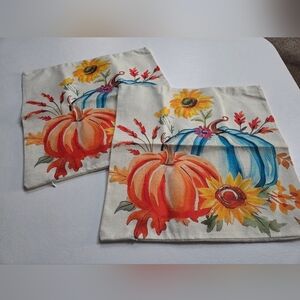 Autumn Blue And Orange Pumpkins and Sunflowers Decorative Pillow Covers (2)